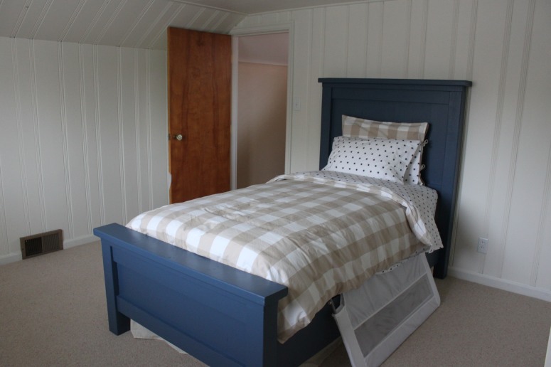 DIY painted wood paneling & twin farmhouse bed | The Sensible Home